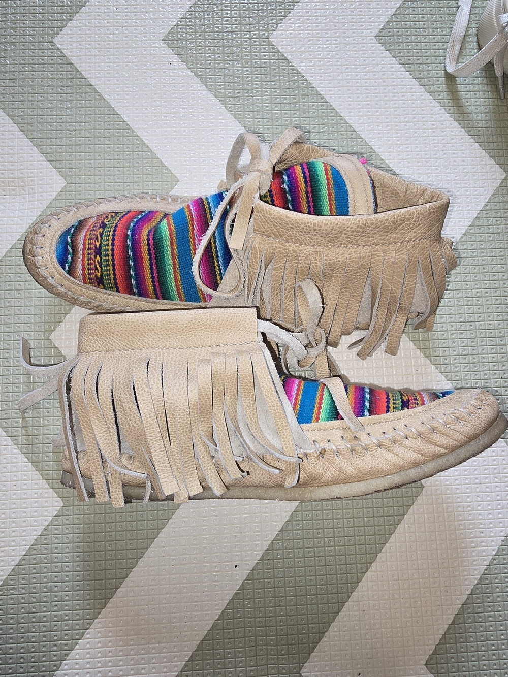 Tan Suede Fringe Moccasins with Multicolor Pattern